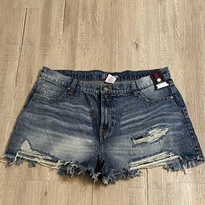 Plus size high rise mom fit destructed denim shorts